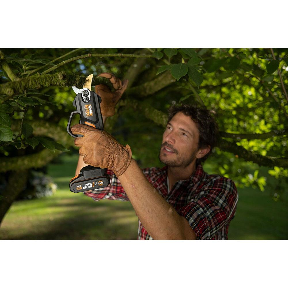 Mann mit Handschuhen benutzt elektrische Gartenschere an Ast.