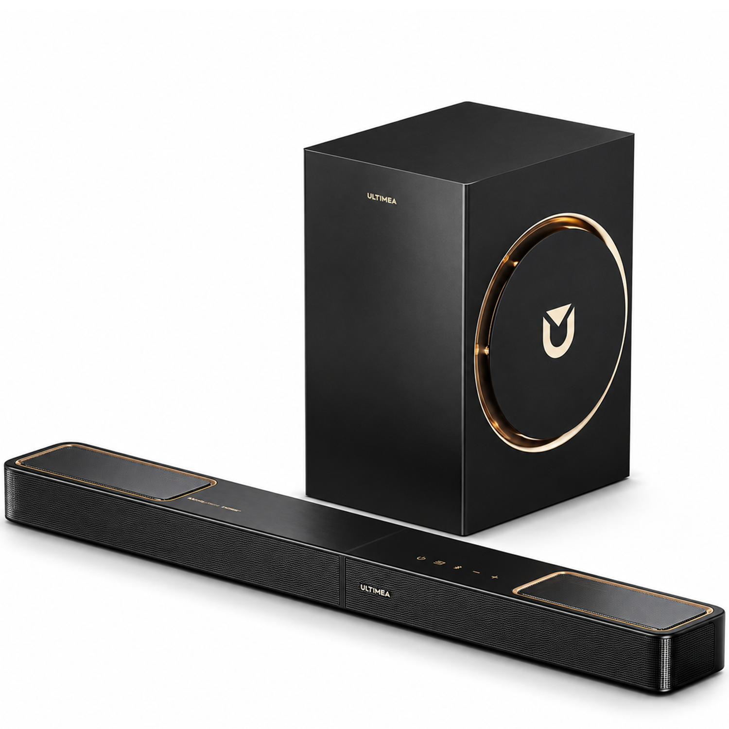 Schwarze Soundbar und Subwoofer mit goldenen Akzenten auf weißem Hintergrund.