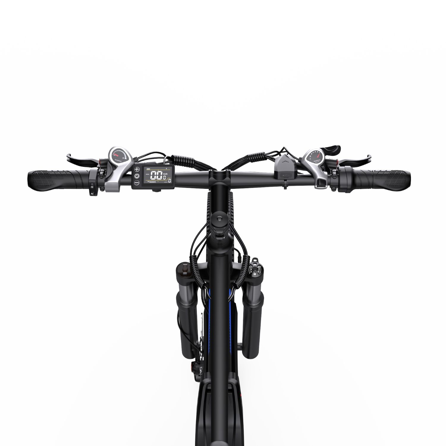 Vista frontal del manillar de bicicleta negro con pantalla, puños y frenos.