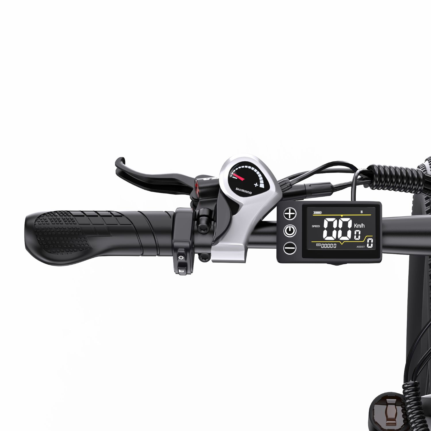 Manillar de e-bike con pantalla digital, puño, maneta de freno y dial Shimano.