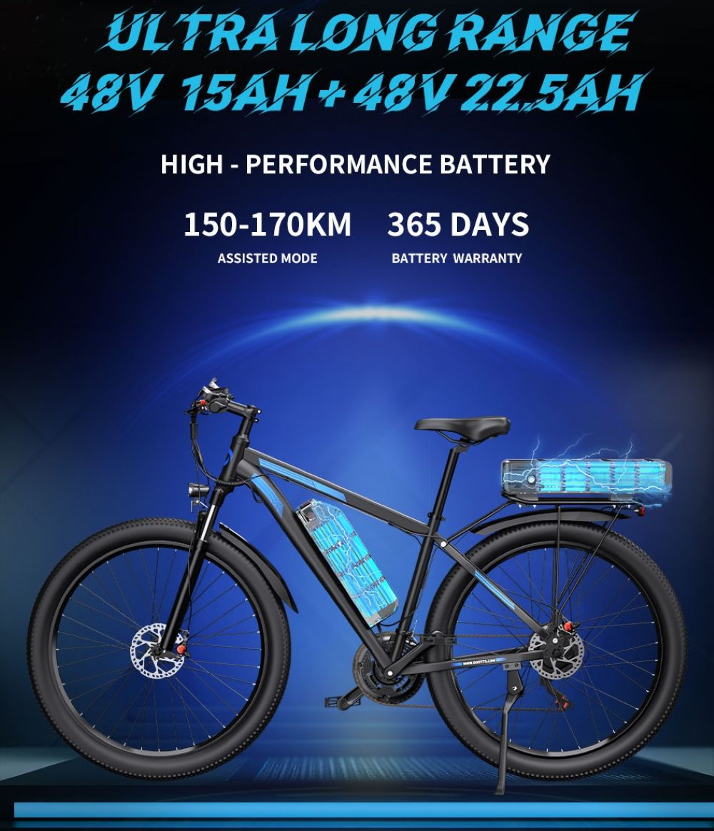 Bicicleta eléctrica negra con dos baterías azules, autonomía de 150-170 km, garantía 365 días.