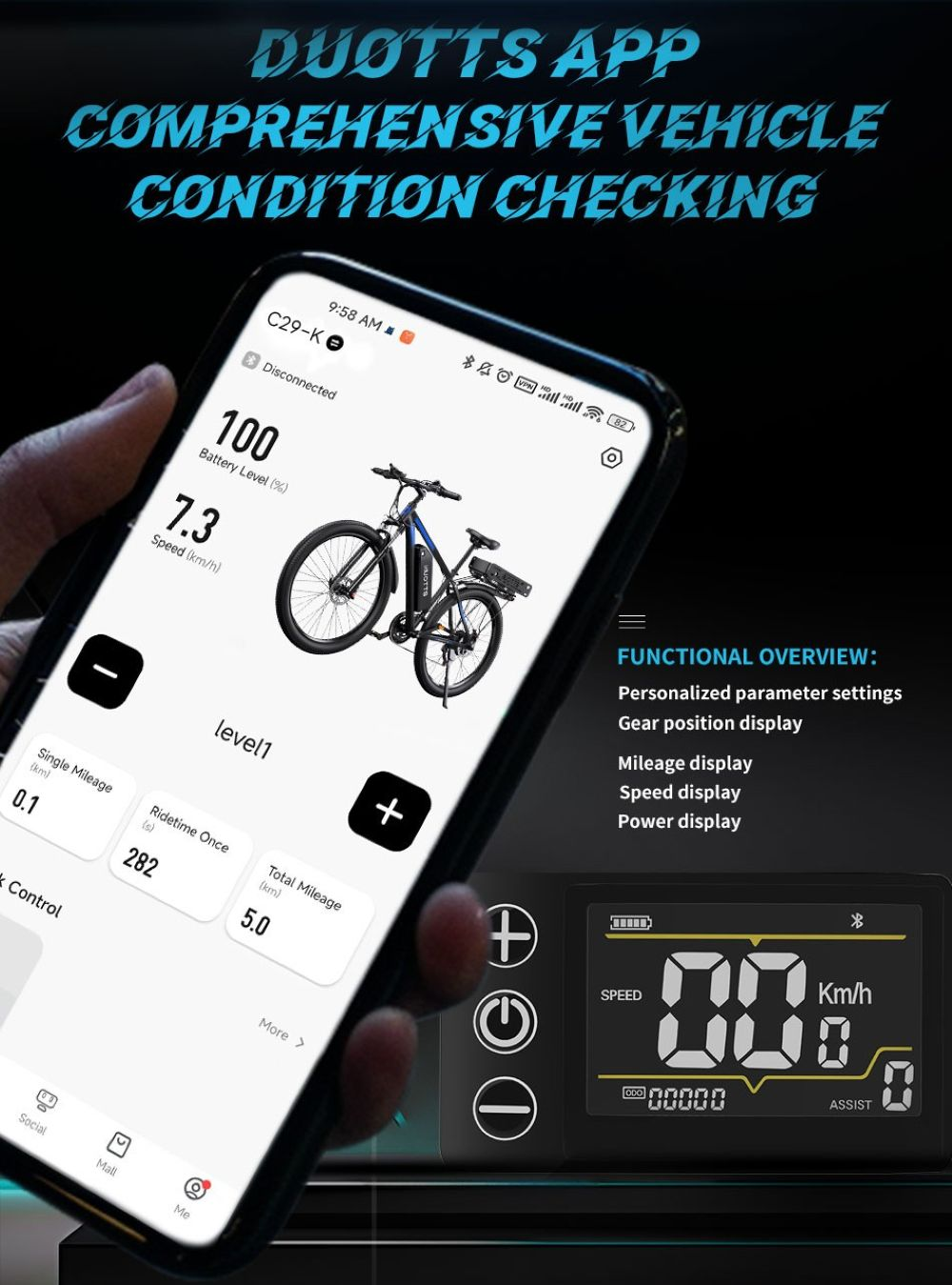 Un smartphone muestra una app de e-bike con nivel de batería y velocidad.