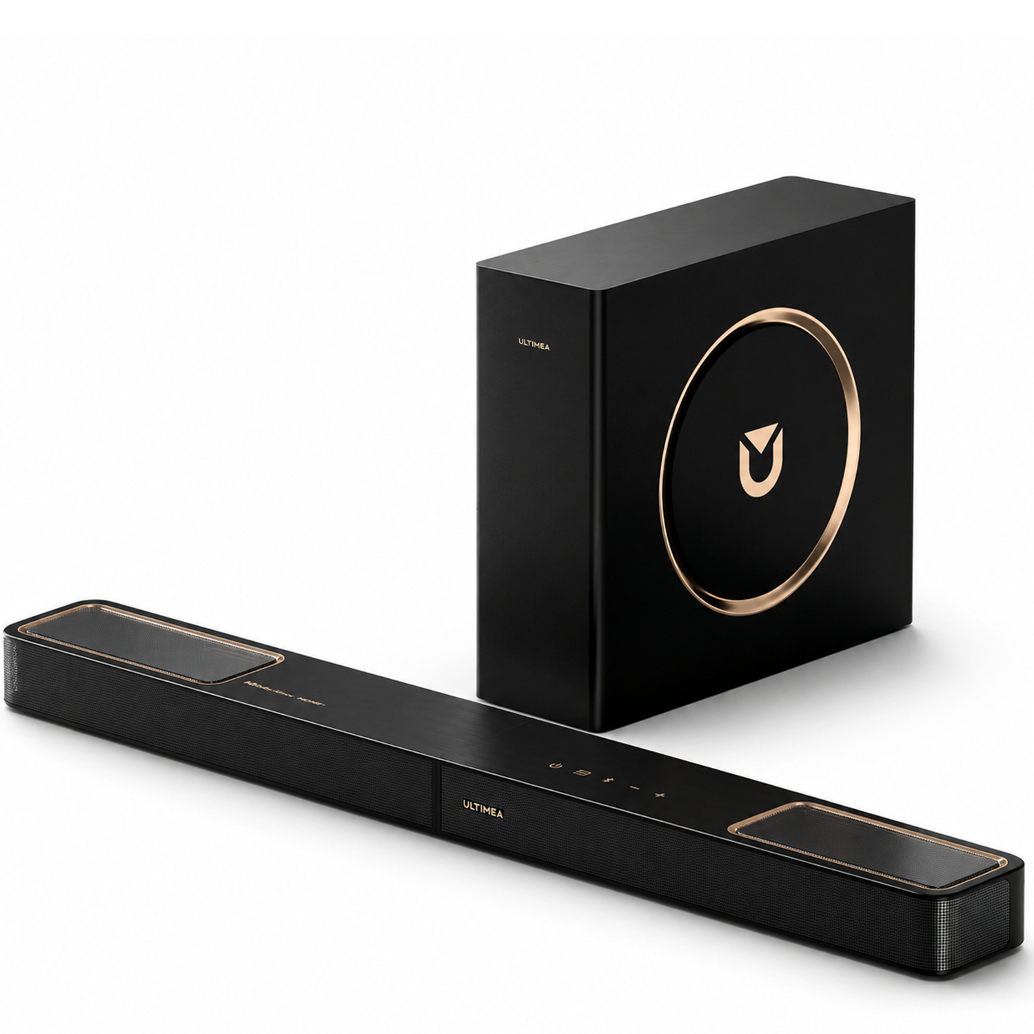 Eine schwarze Soundbar und ein Subwoofer mit goldenen Akzenten auf weißem Grund.