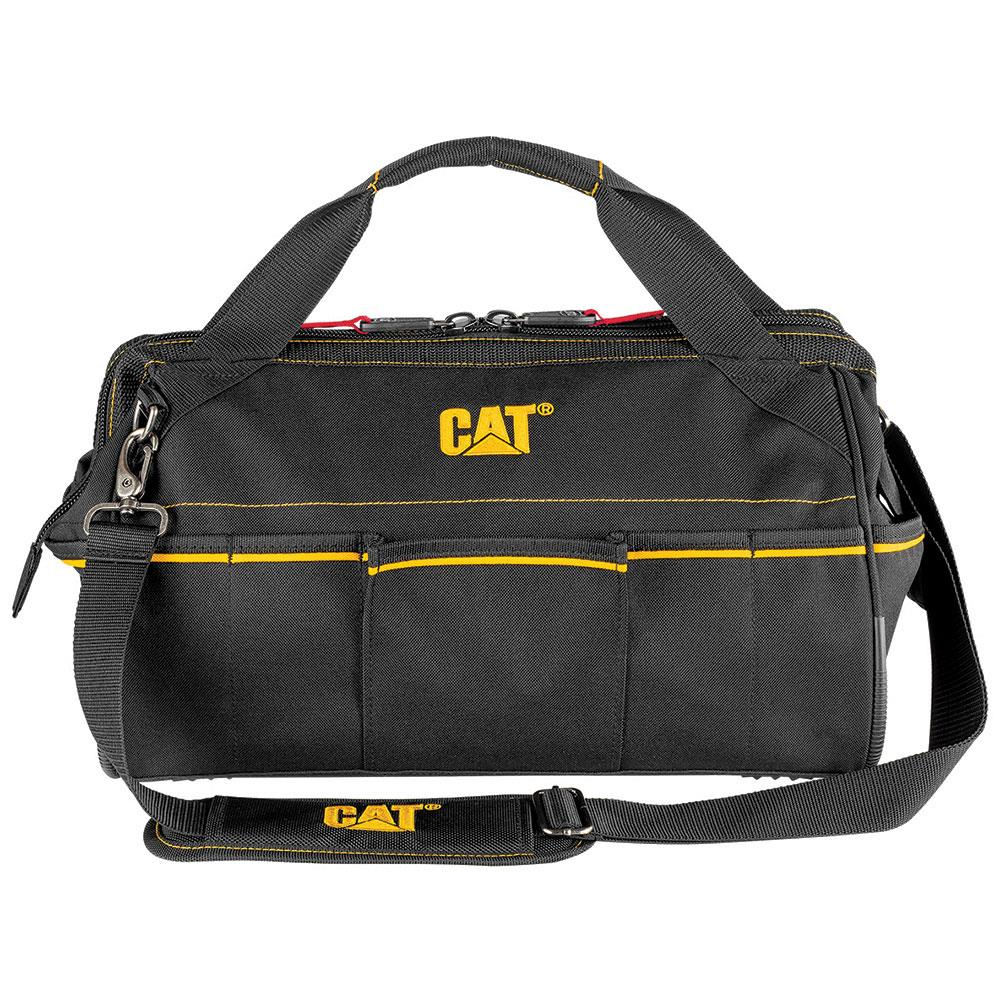 Sarı CAT logosu ve süslemeli siyah alet çantası, sapları ve omuz askısı bulunur.