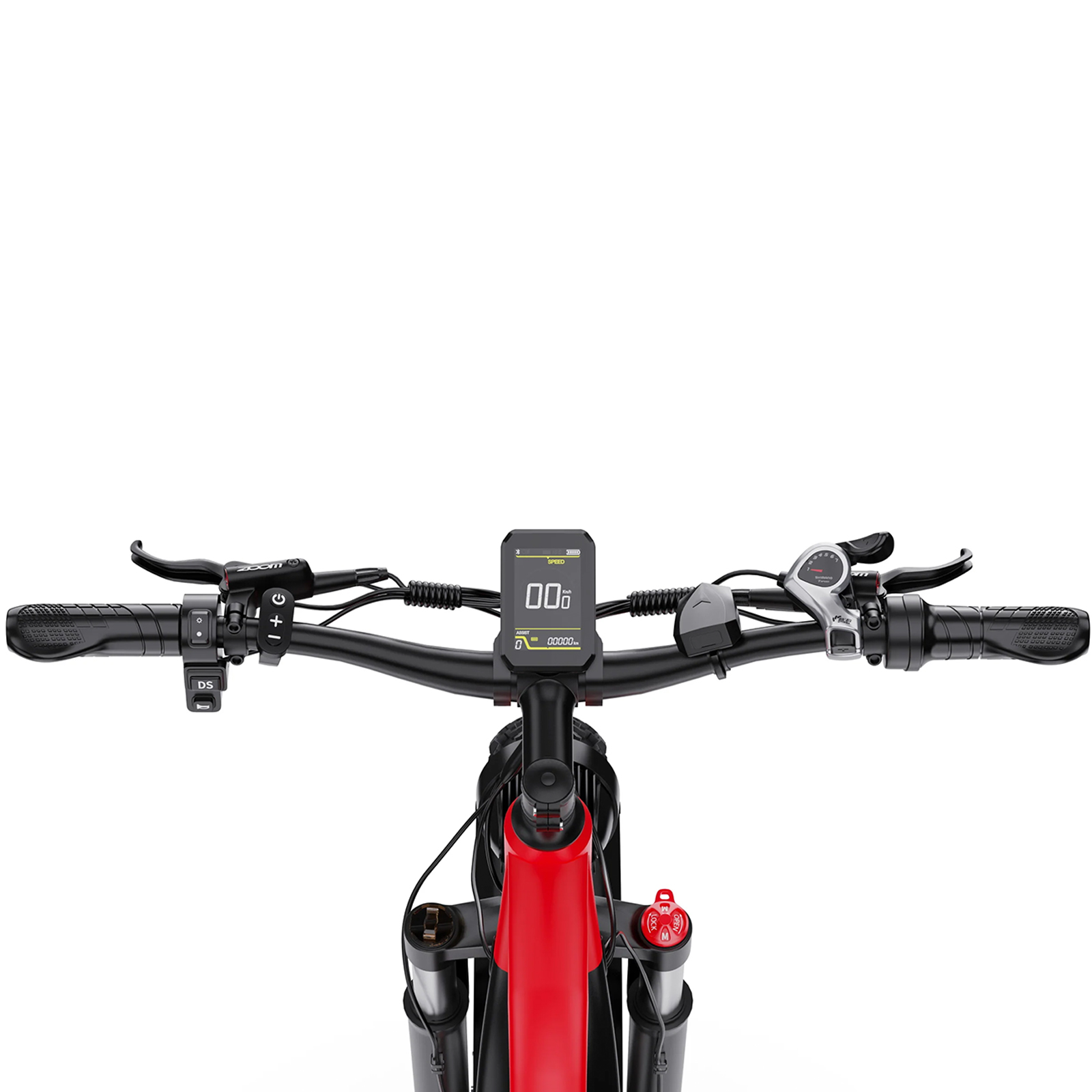Manillar de una e-bike roja con pantalla, puños y frenos.