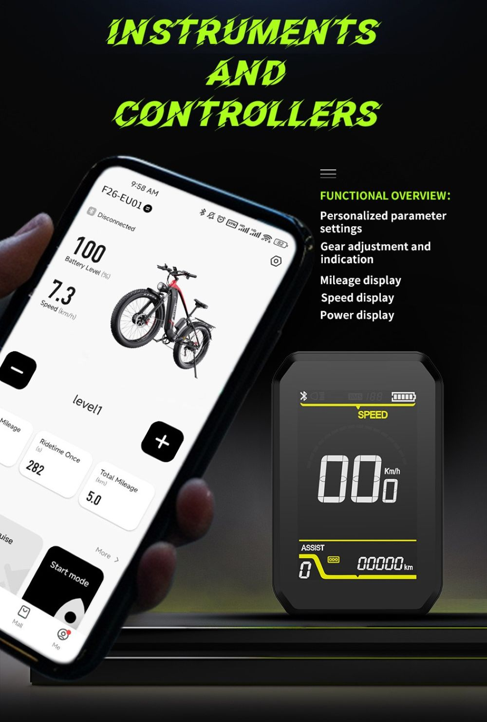 El teléfono muestra información de e-bike: batería 100%, velocidad 7,3 km/h. Pantalla separada muestra 00 km/h.