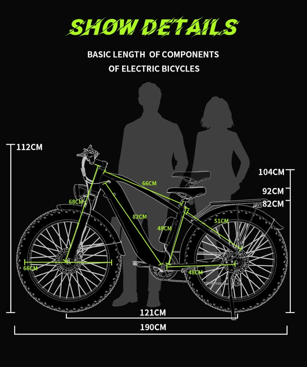 Diagrama de una bicicleta eléctrica con dimensiones y dos siluetas de personas.