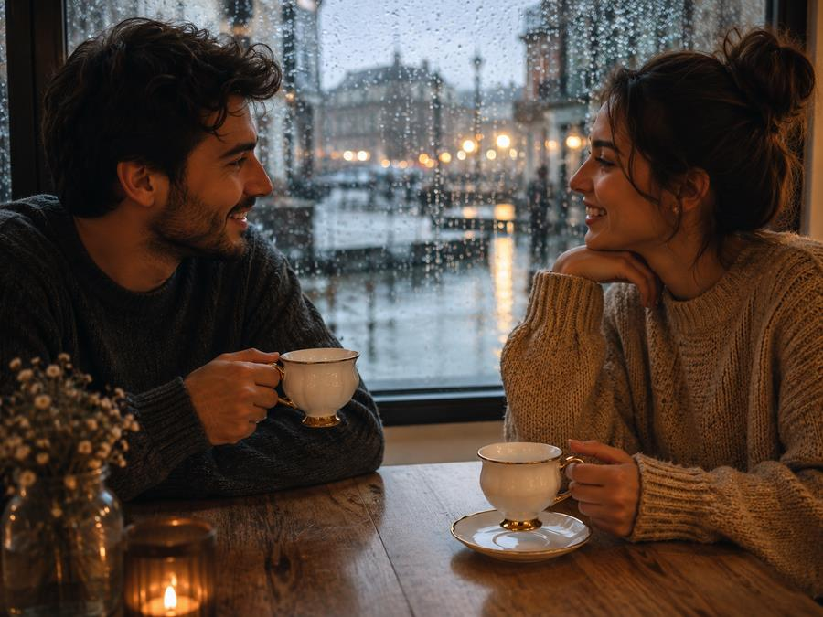 Yağmurlu bir günde çift pencere kenarında kahve içiyor.