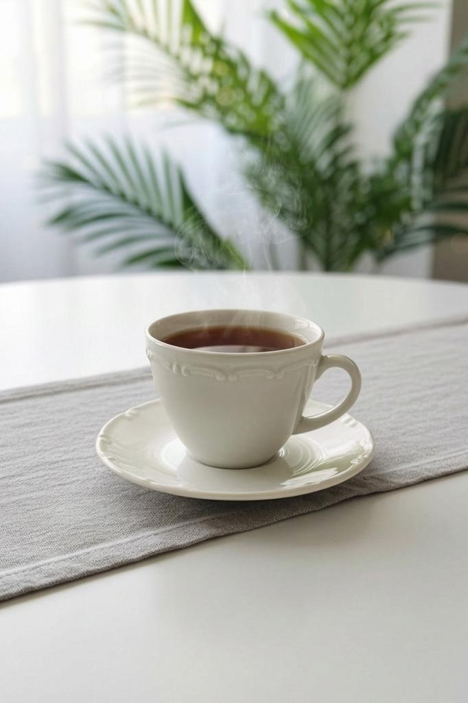 Tabağı üzerinde buğulanan çay bulunan beyaz bir çay fincanı, gri masa örtüsünün yanında.