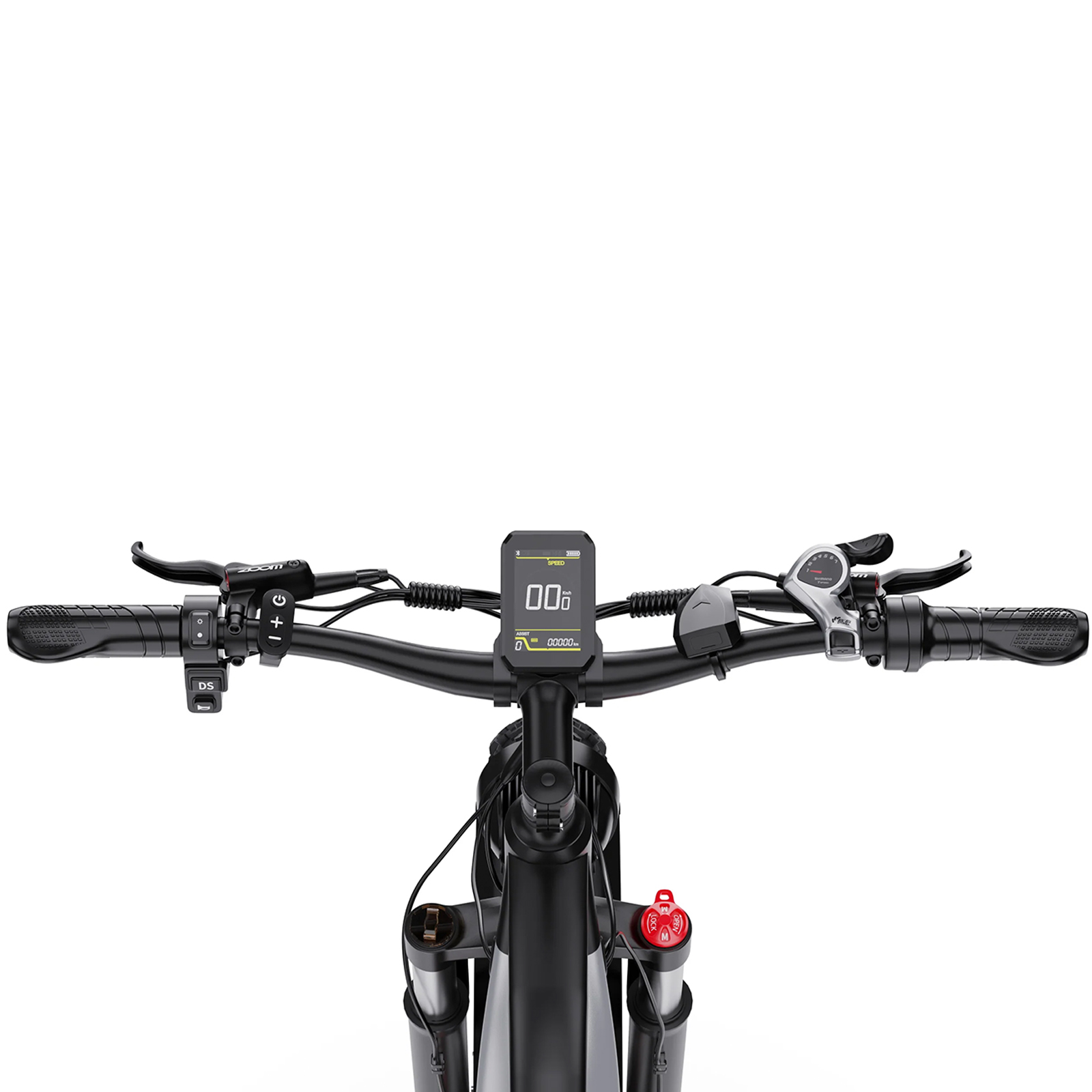 Manillar de e-bike con pantalla, puños, frenos y cambio.