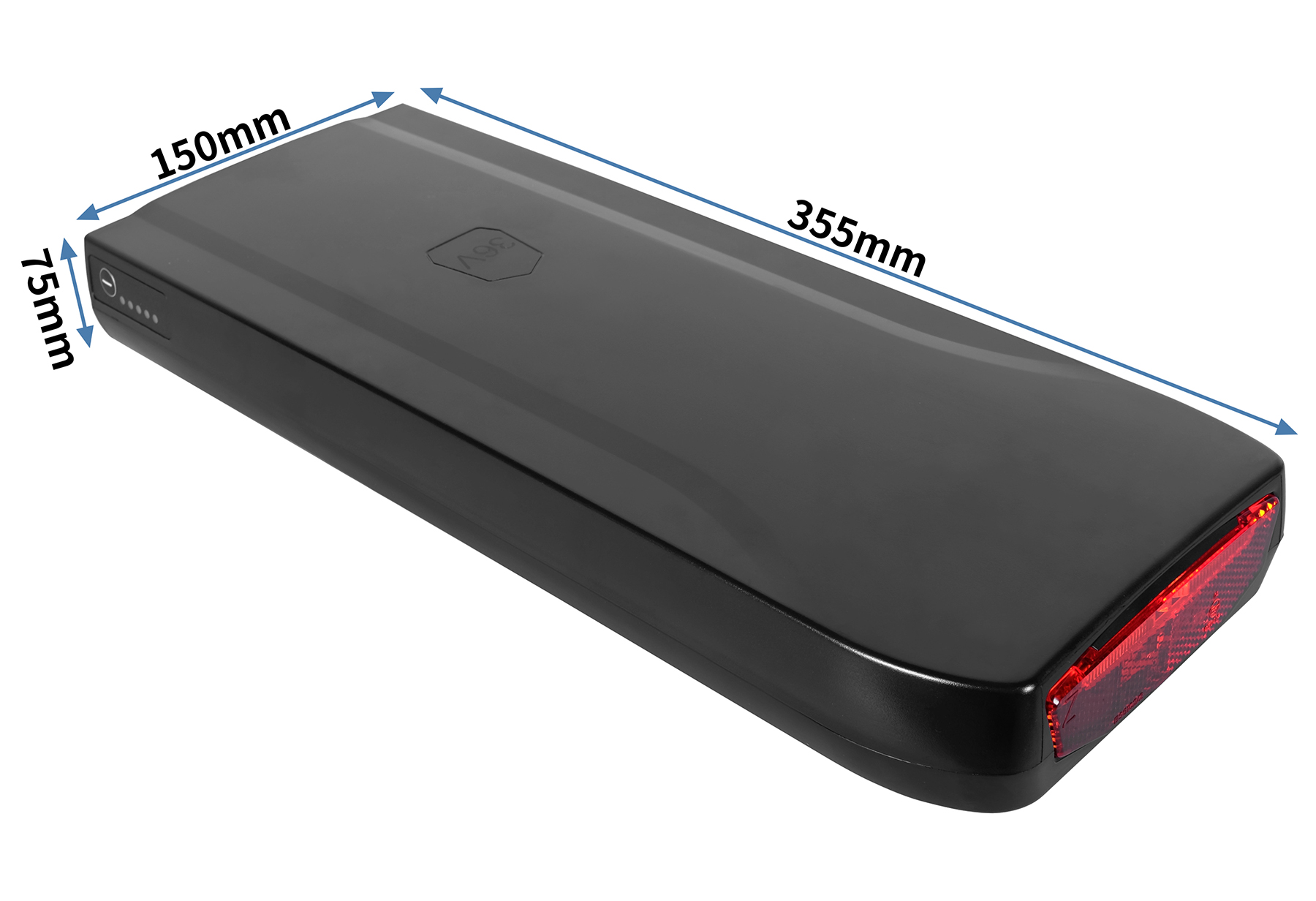 Schwarzer Akku mit Maßen 355x150x75mm und einem Rücklicht.