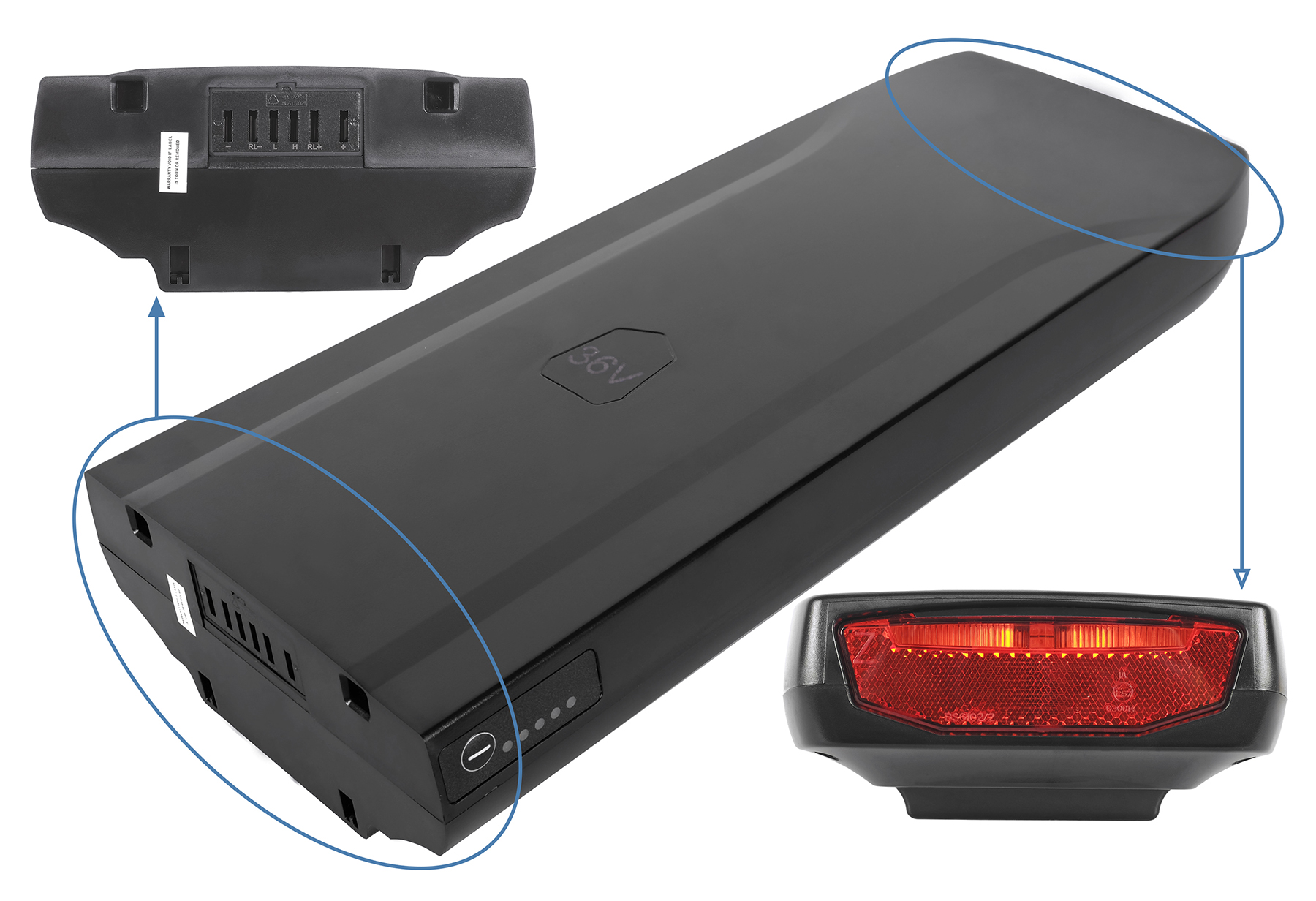 Schwarzer 36V E-Bike Akku mit Detailansicht der Anschlüsse und rotem Rücklicht.