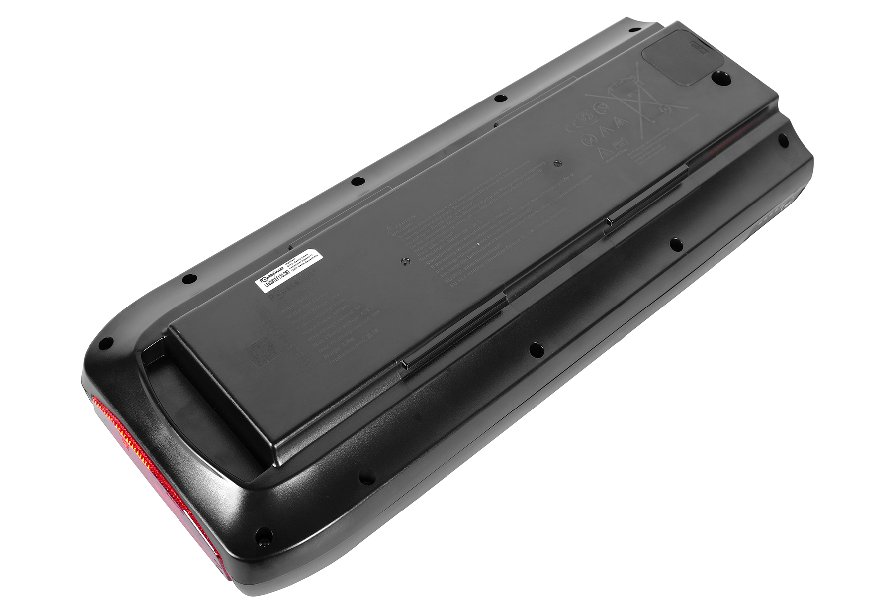 Schwarzer Akku mit rotem Rücklicht und technischen Details.