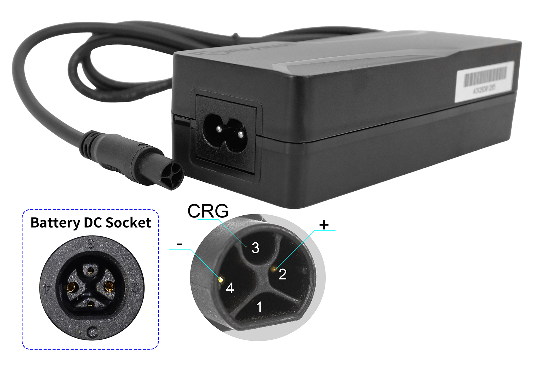 Schwarzer Netzadapter mit Kabeln und zwei Nahaufnahmen von DC-Buchsen.