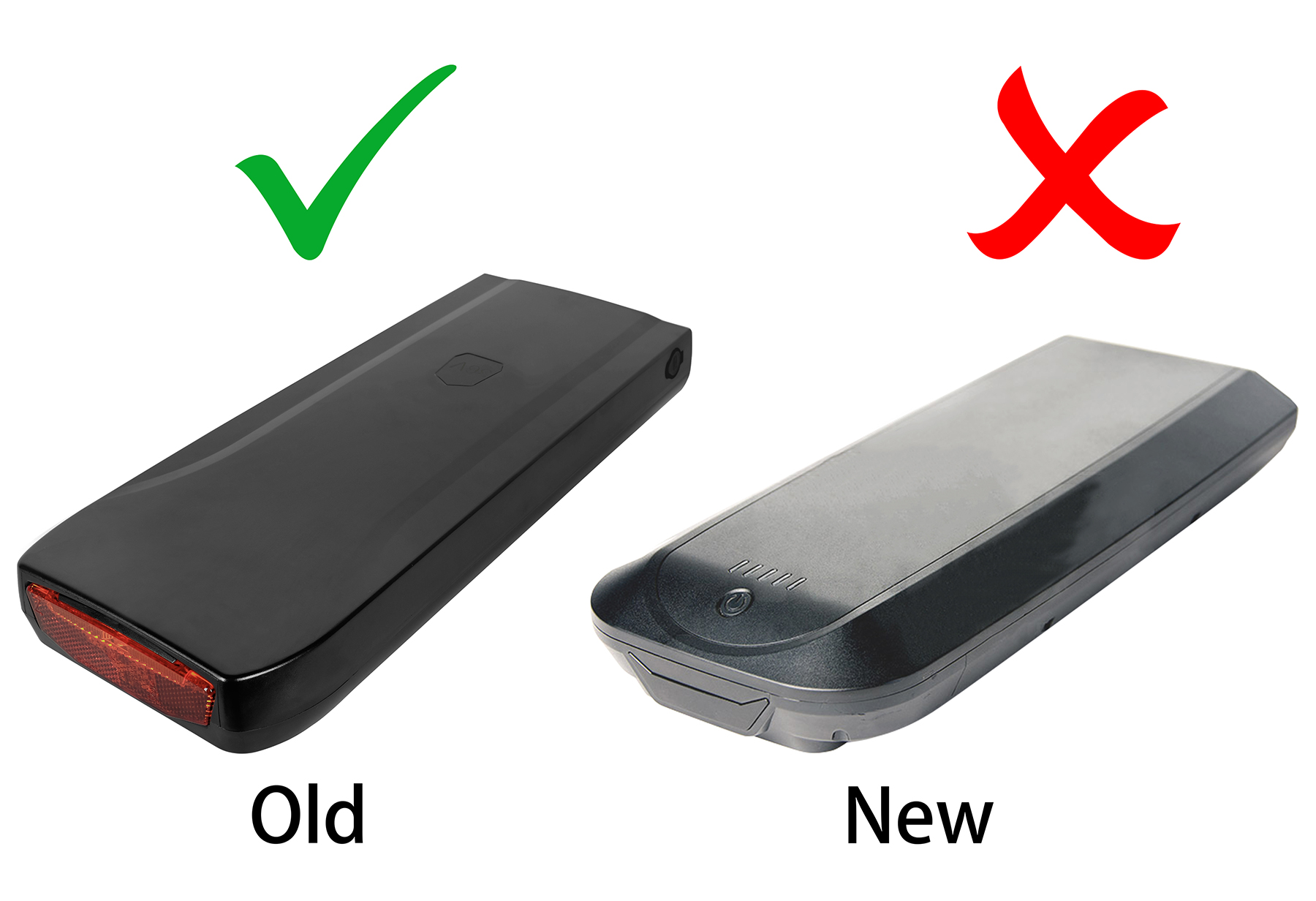 Alte schwarze Batterie mit rotem Reflektor, neue graue Batterie. Grüner Haken, rotes Kreuz.
