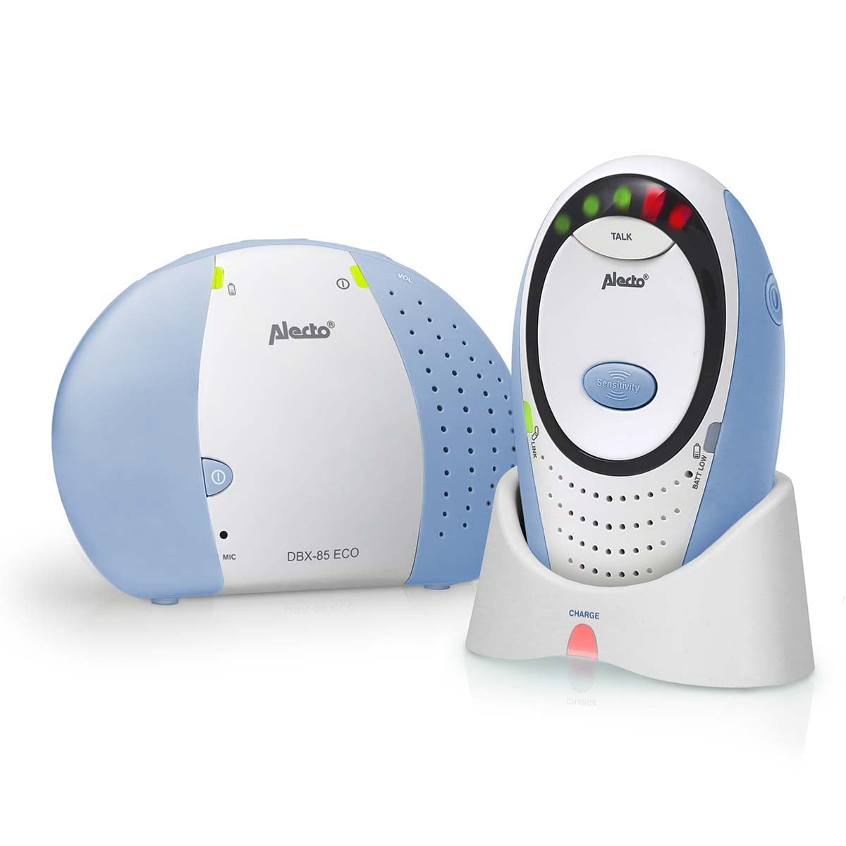 Zwei Alecto Babyphones, ein Sender und ein Empfänger, auf weißem Hintergrund.