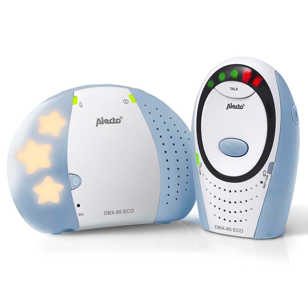 Zwei Alecto DBX-85 ECO Babyphones, eines mit Sternenlicht, das andere mit Sensitivitätseinstellung.