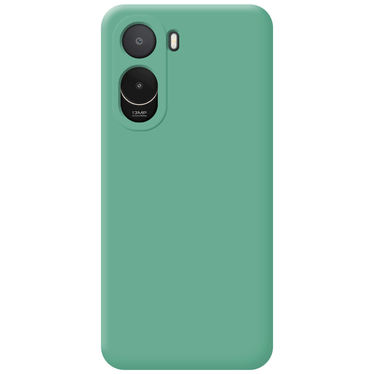 Reverso de funda de teléfono verde azulado con dos cámaras y flash.