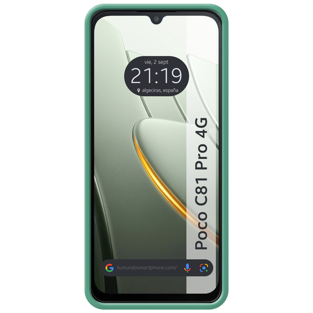Un smartphone verde que muestra Poco C81 Pro 4G en pantalla.