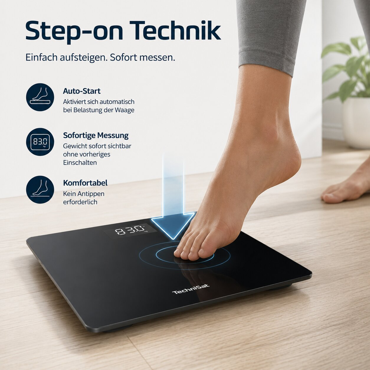 Eine Person steigt auf eine schwarze digitale Waage. Die Anzeige zeigt 83.0.