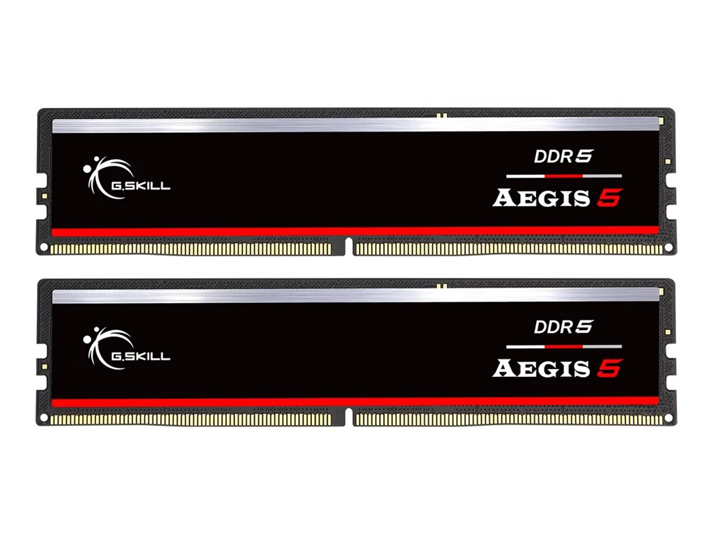 Dwa czarne moduły RAM G.Skill DDR5 Aegis 5 z srebrnymi radiatorami na białym tle.