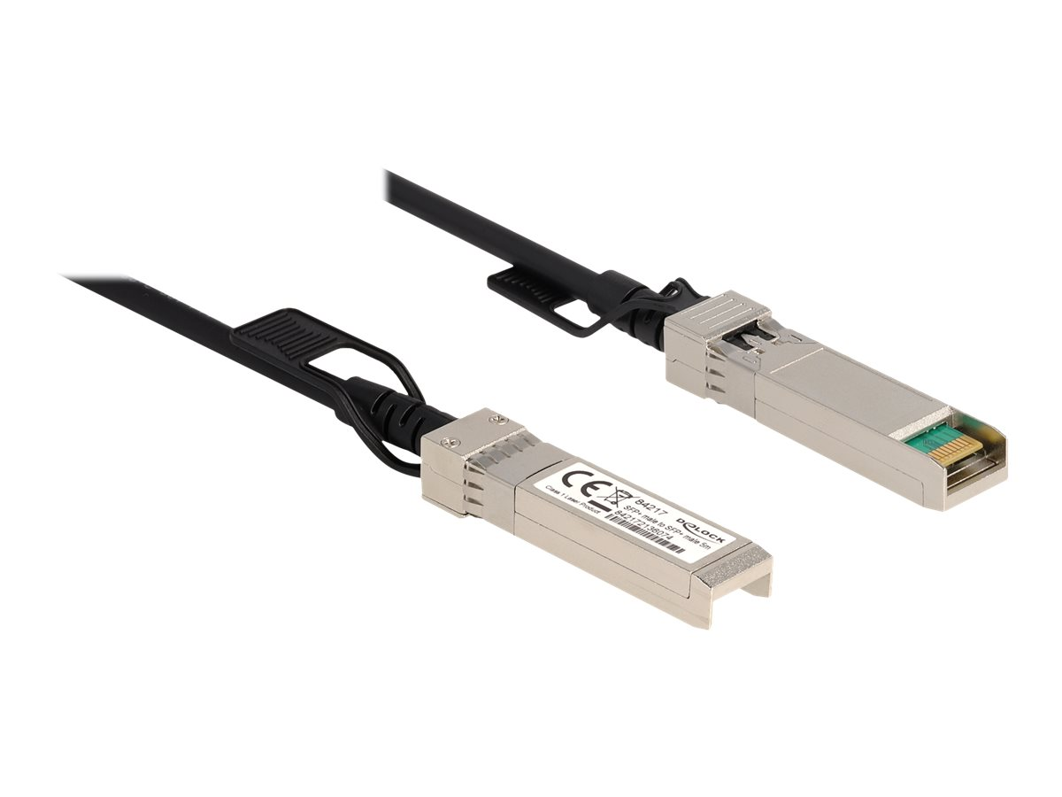 Due cavi SFP+ a SFP+ con connettori ed etichette, su sfondo bianco.