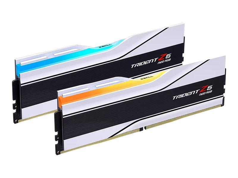Dwa moduły RAM G.Skill Trident Z5 RGB z niebieskim i pomarańczowym podświetleniem.