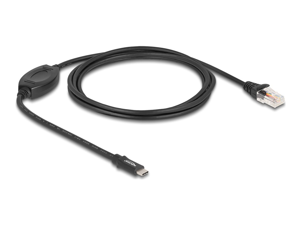 Un cavo nero con connettori USB-C e RJ45, con un alloggiamento nero al centro.