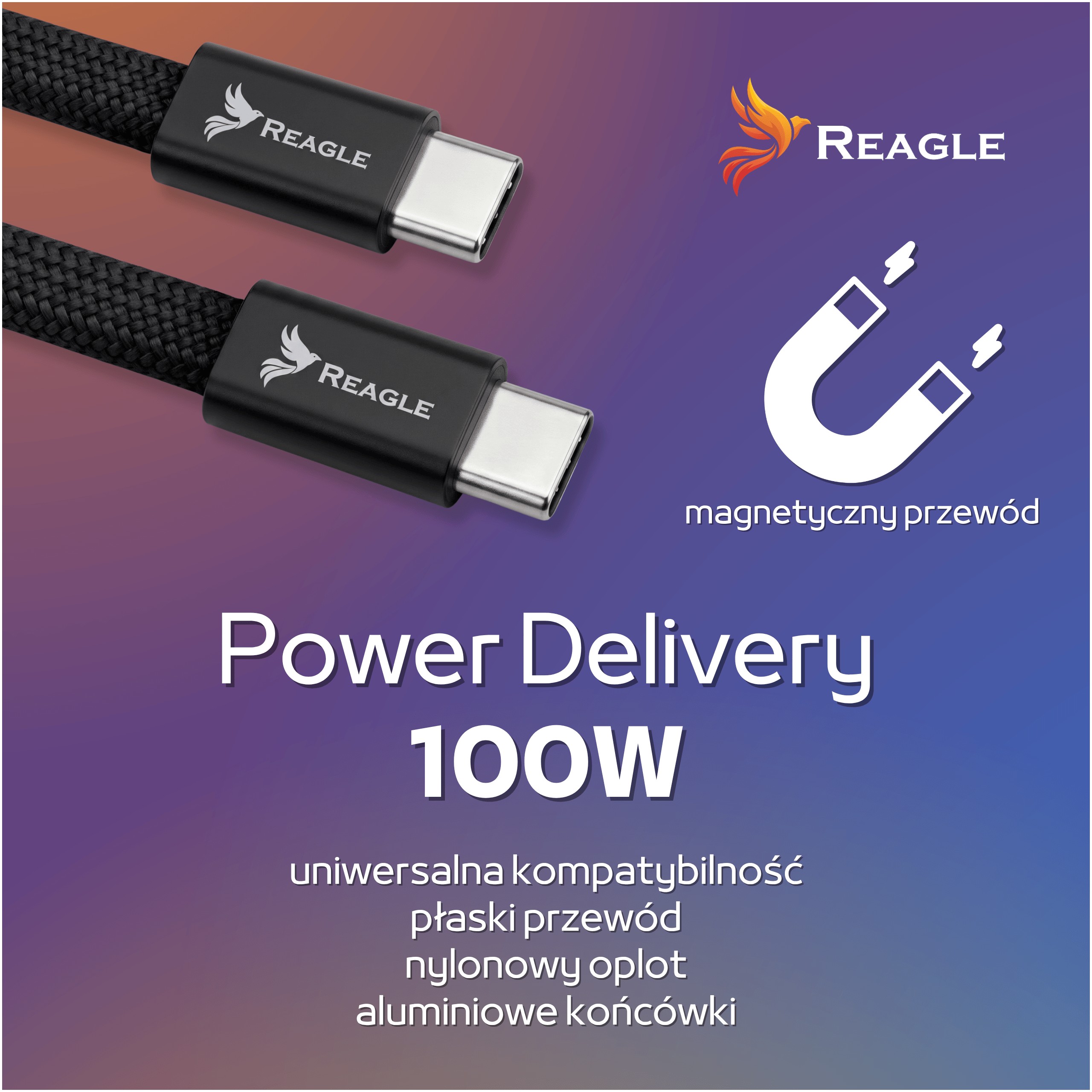 Kabel USB-C Reagle z Power Delivery 100W. Czarny, pleciony.