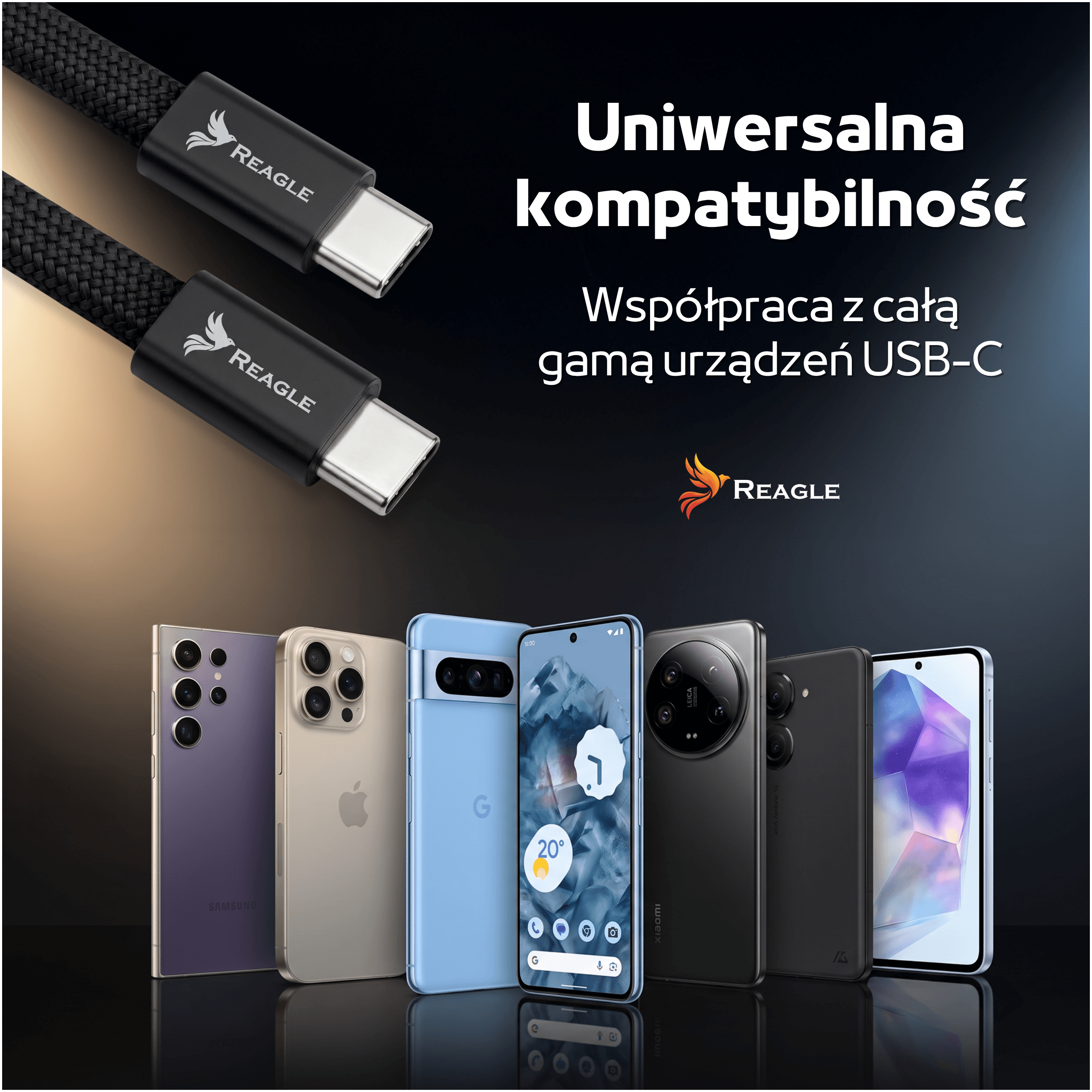Zbliżenie dwóch kabli USB-C z logo Reagle i różnymi smartfonami.