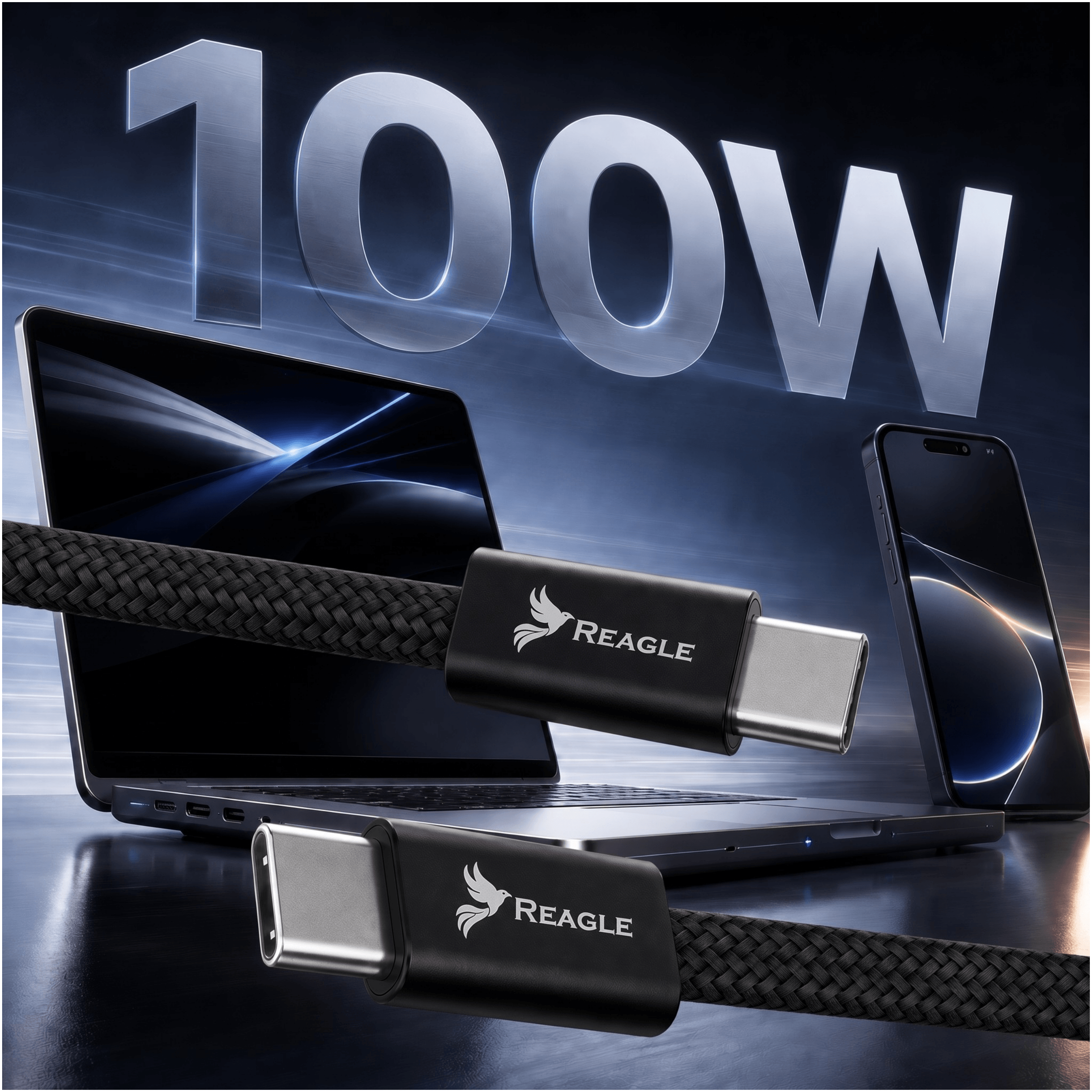 Czarny kabel USB-C z logo "Reagle" ładuje laptopa i smartfon.