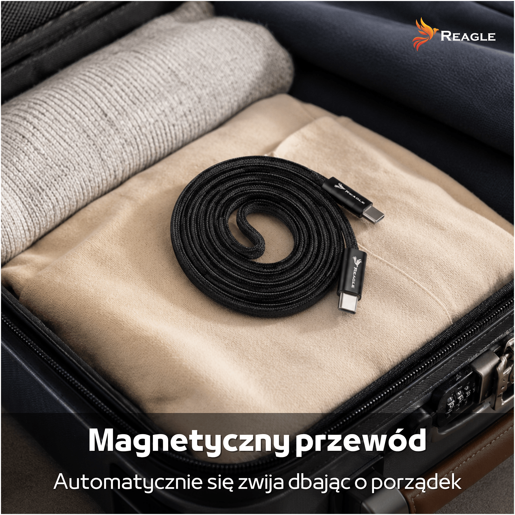 Czarny kabel USB-C zwinięty na ubraniach w walizce.