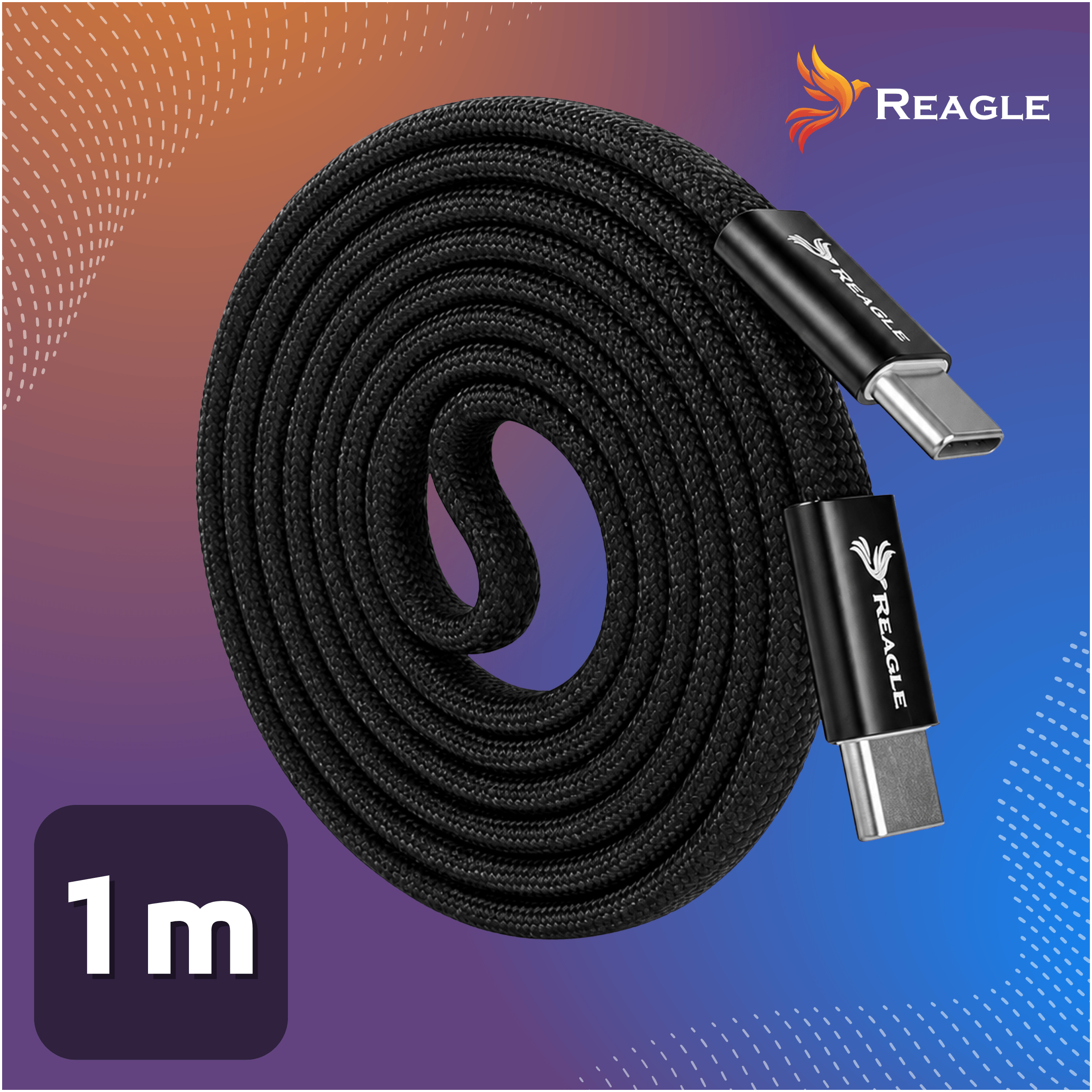 Czarny, zwinięty kabel USB-C 1m z logo Reagle.