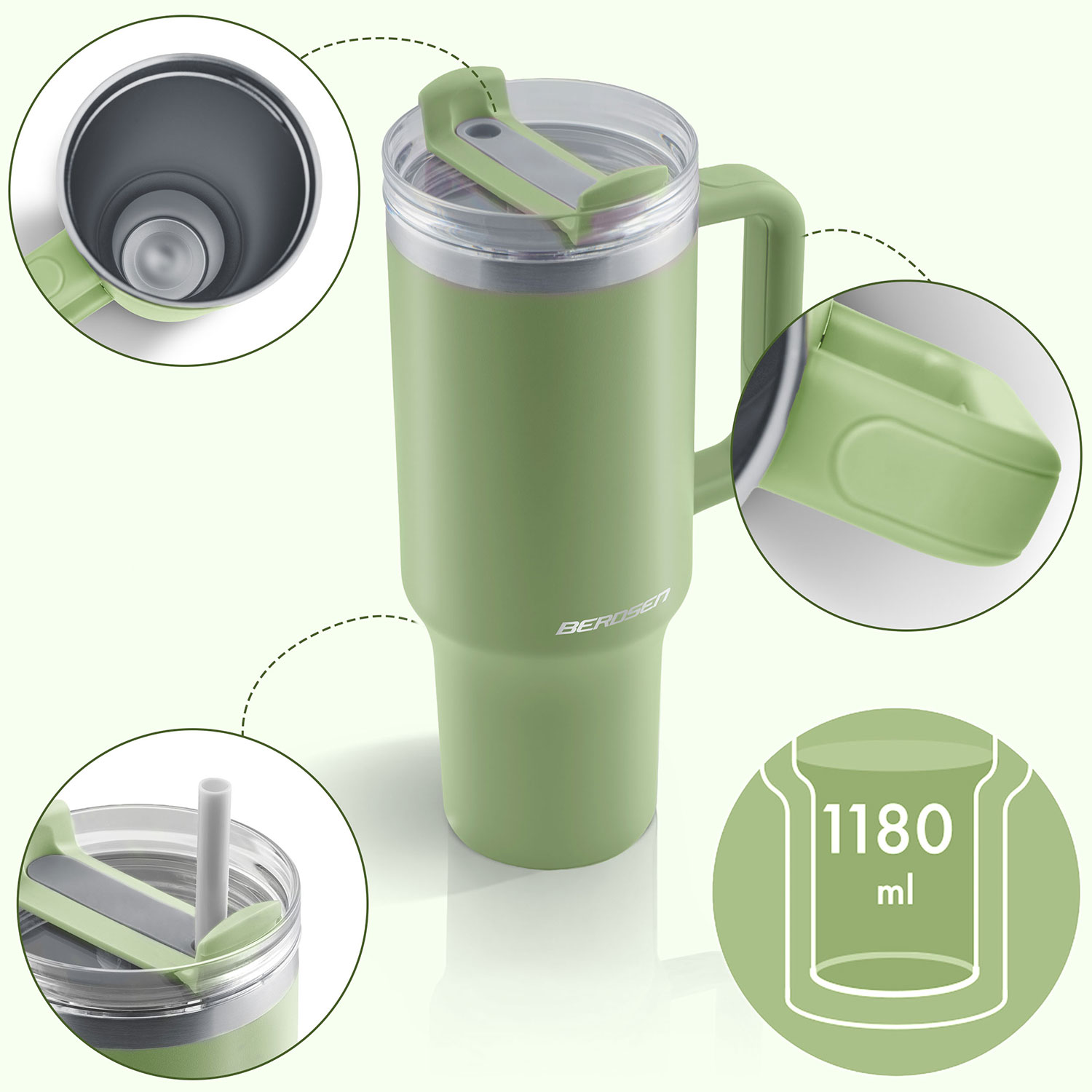 Zielony kubek z uchwytem i pokrywką. Pokazuje wnętrze, detale uchwytu, słomkę i pojemność 1180ml.