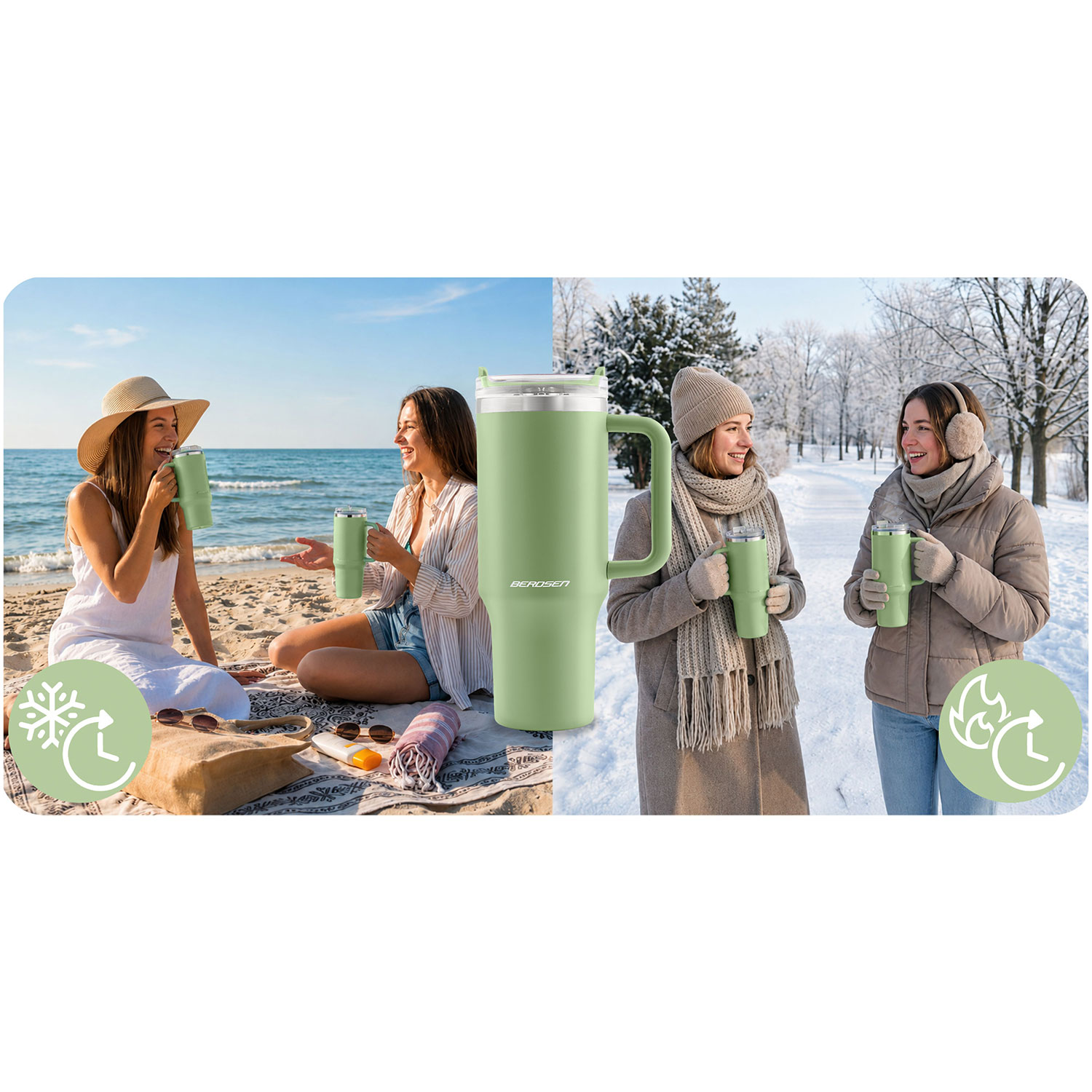 Dwie sceny pokazują kobiety z zielonymi kubkami na plaży latem i na śniegu zimą.