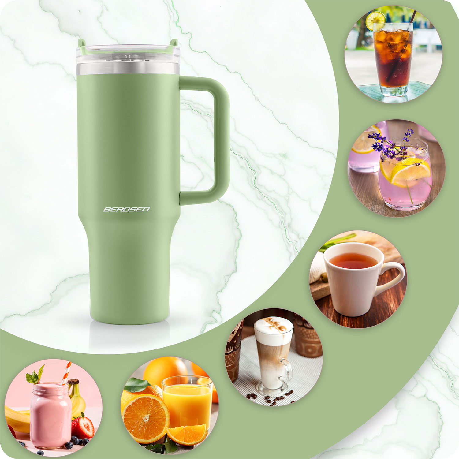 Zielony termos obok kół z napojami: mrożona herbata, lemoniada lawendowa, sok pomarańczowy, latte macchiato, herbata, smoothie.