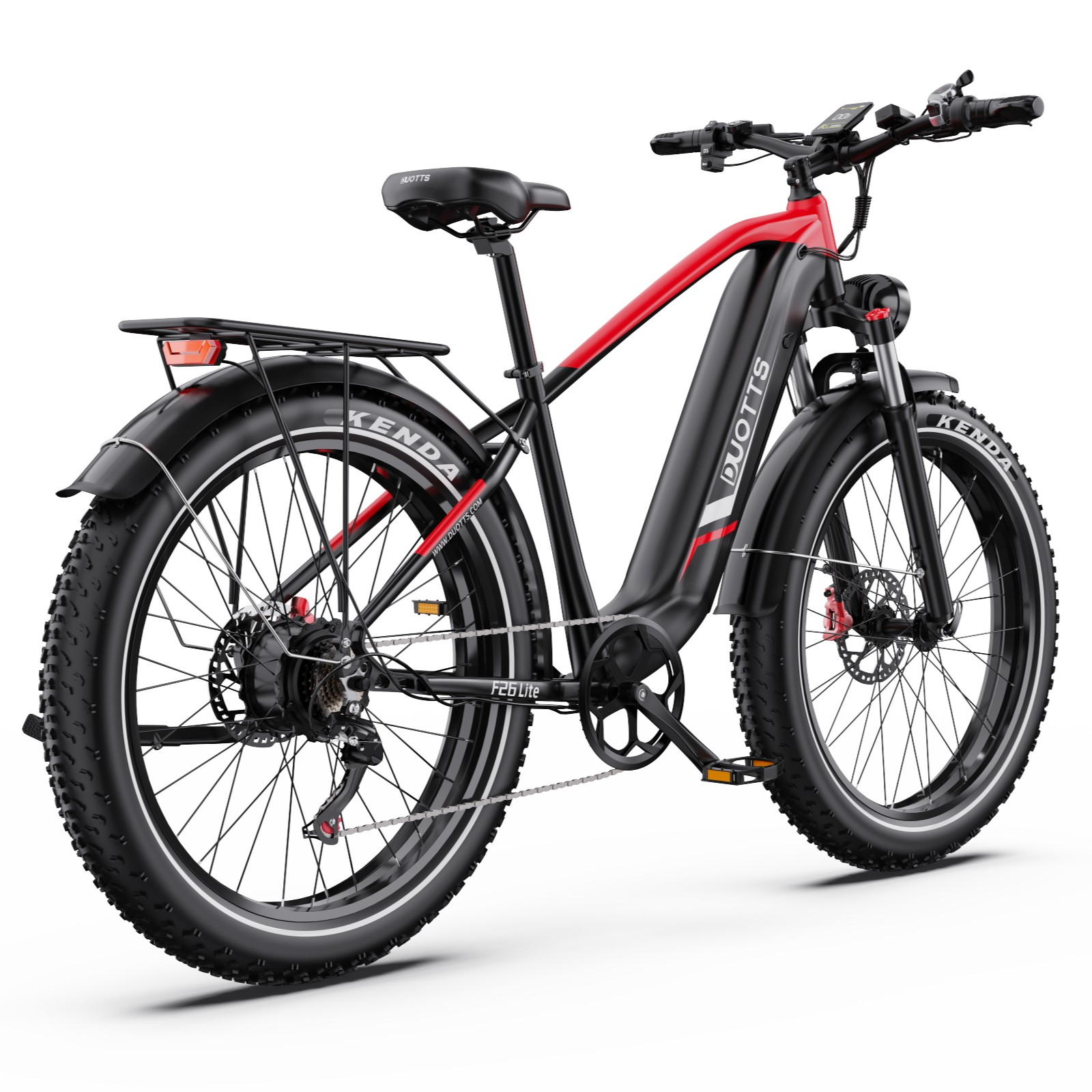 Una bicicleta eléctrica negra con detalles rojos y neumáticos anchos.