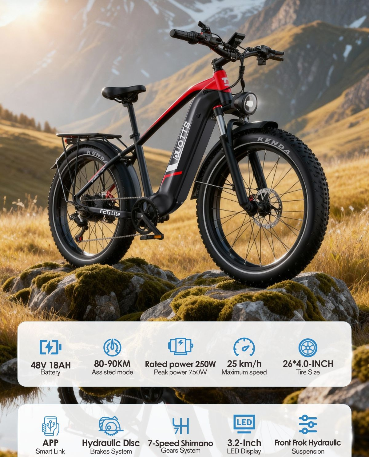 Bicicleta eléctrica negra con detalles rojos sobre rocas y montañas de fondo.