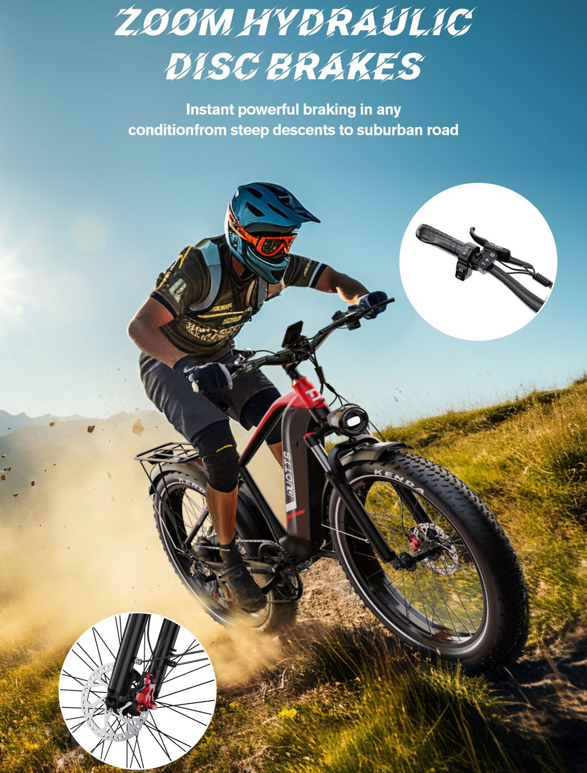Un hombre monta una e-bike roja por un camino polvoriento, mostrando frenos de disco.