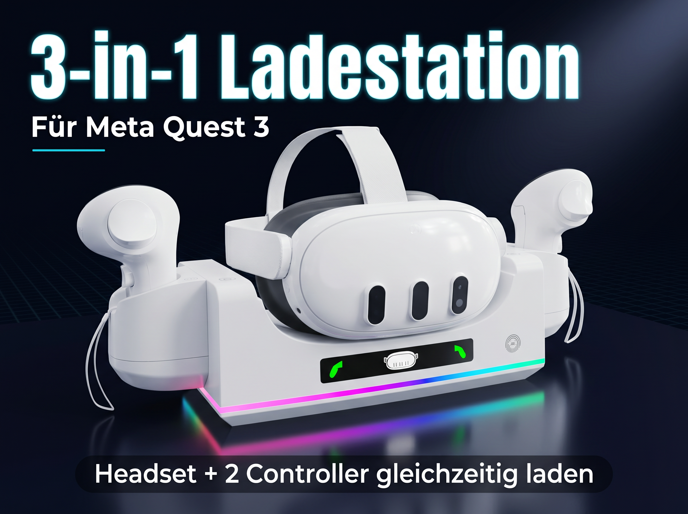 Weiße Ladestation für Meta Quest 3, lädt Headset und Controller.