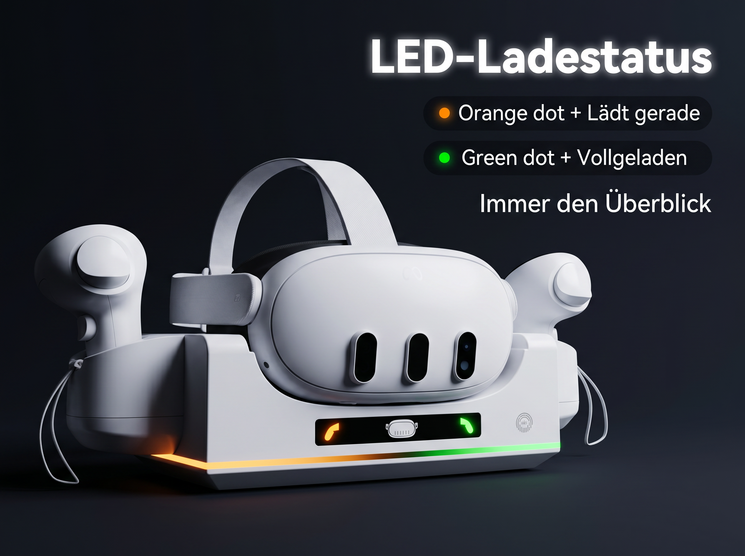 Ein weißes VR-Headset auf einer Ladestation mit orangefarbenem Ladeindikator.