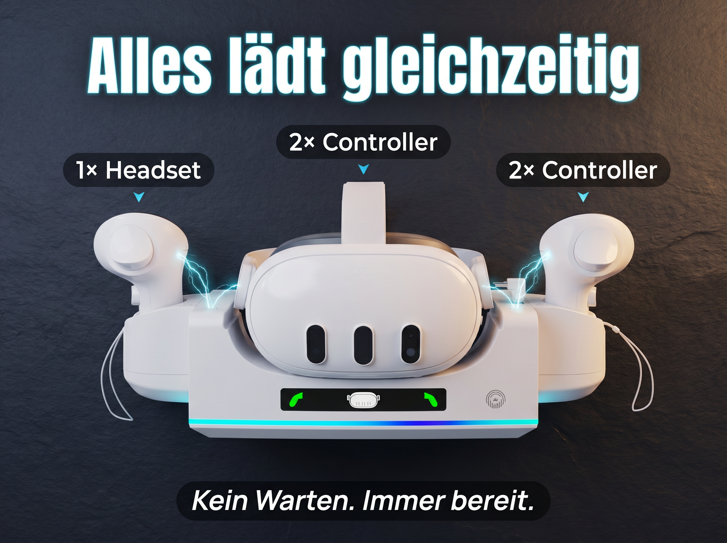Ein weißes VR-Headset und zwei Controller laden auf schwarzer Texturoberfläche.