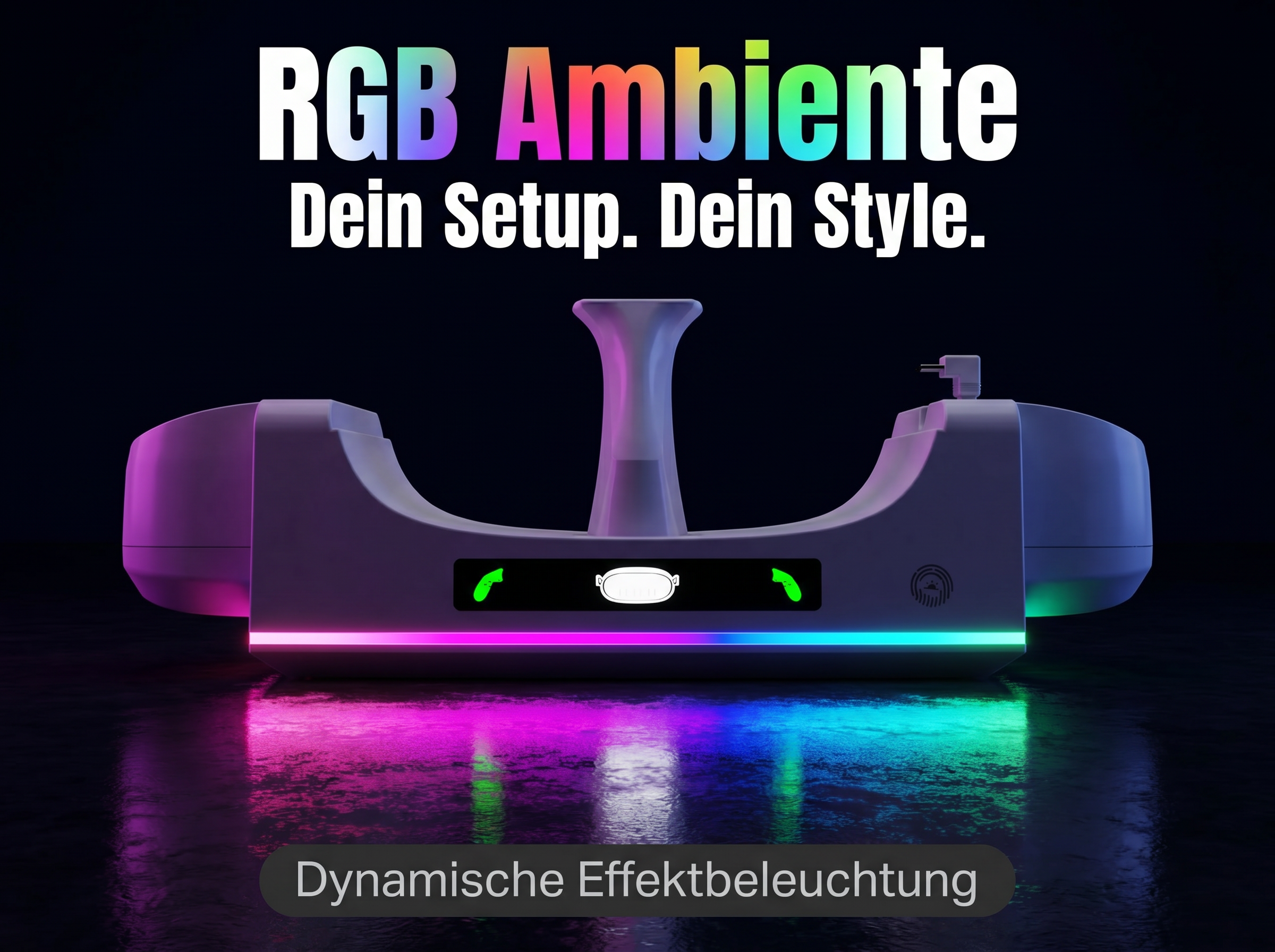 Ein futuristisches Gerät mit dynamischer RGB-Beleuchtung auf dunklem Hintergrund.
