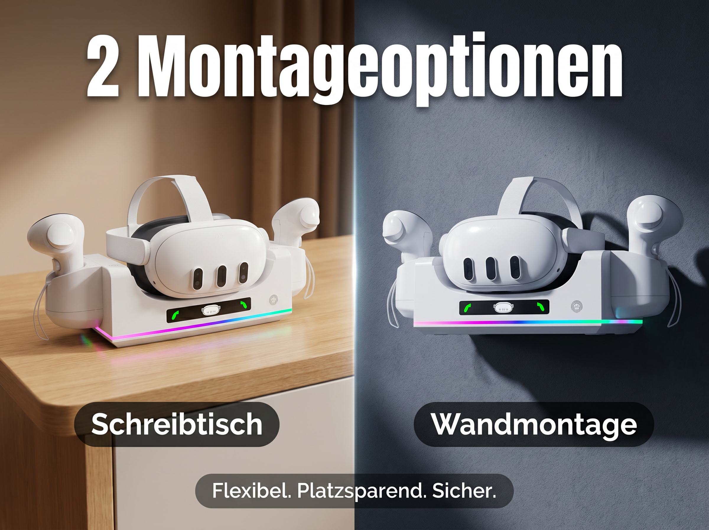 Ein VR-Headset mit Controllern auf einer Lade-/Aufbewahrungsstation, Schreibtisch- oder Wandmontage.