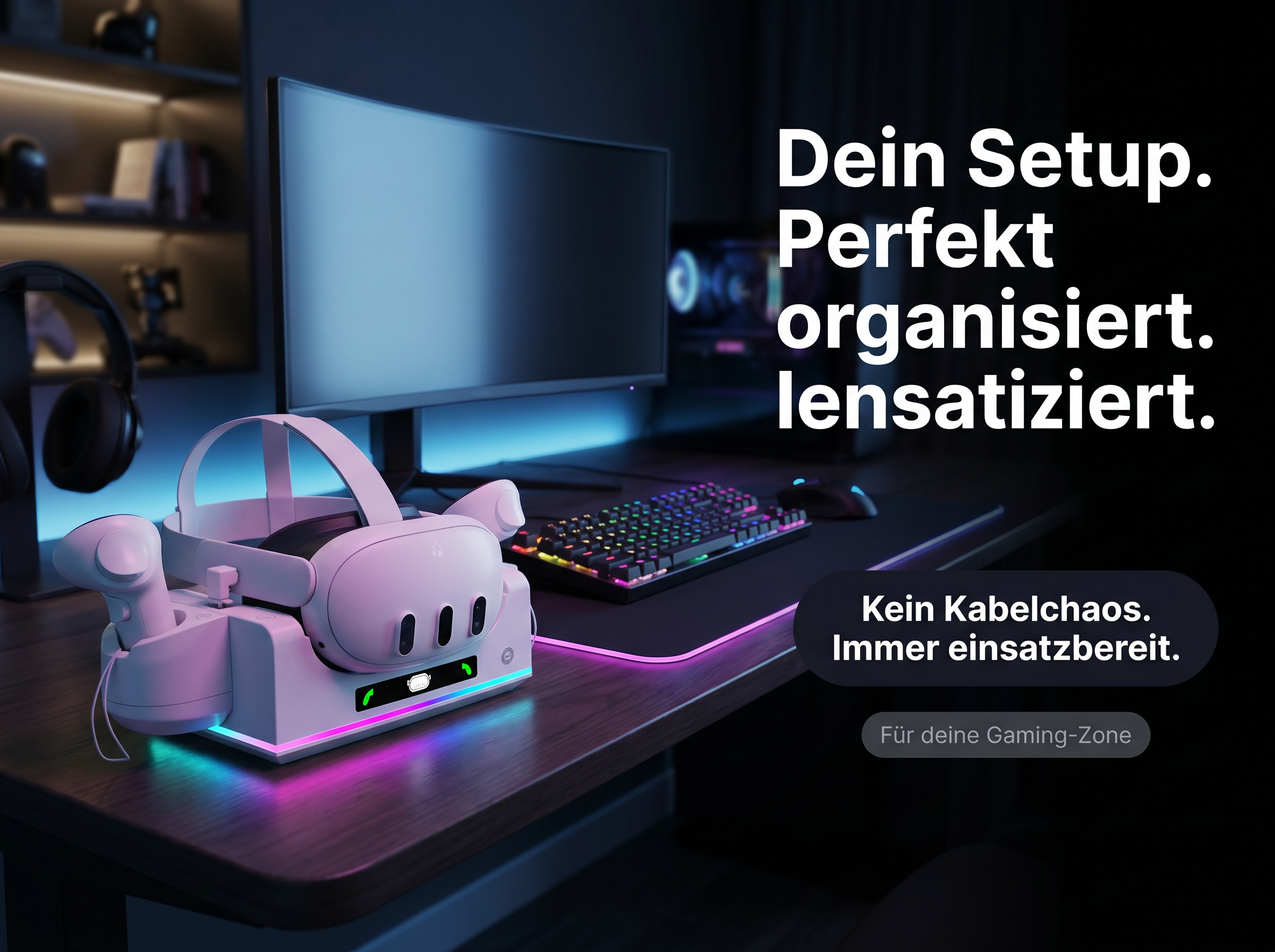 Ein Gaming-Setup mit VR-Headset-Ladestation, Tastatur und Monitor.