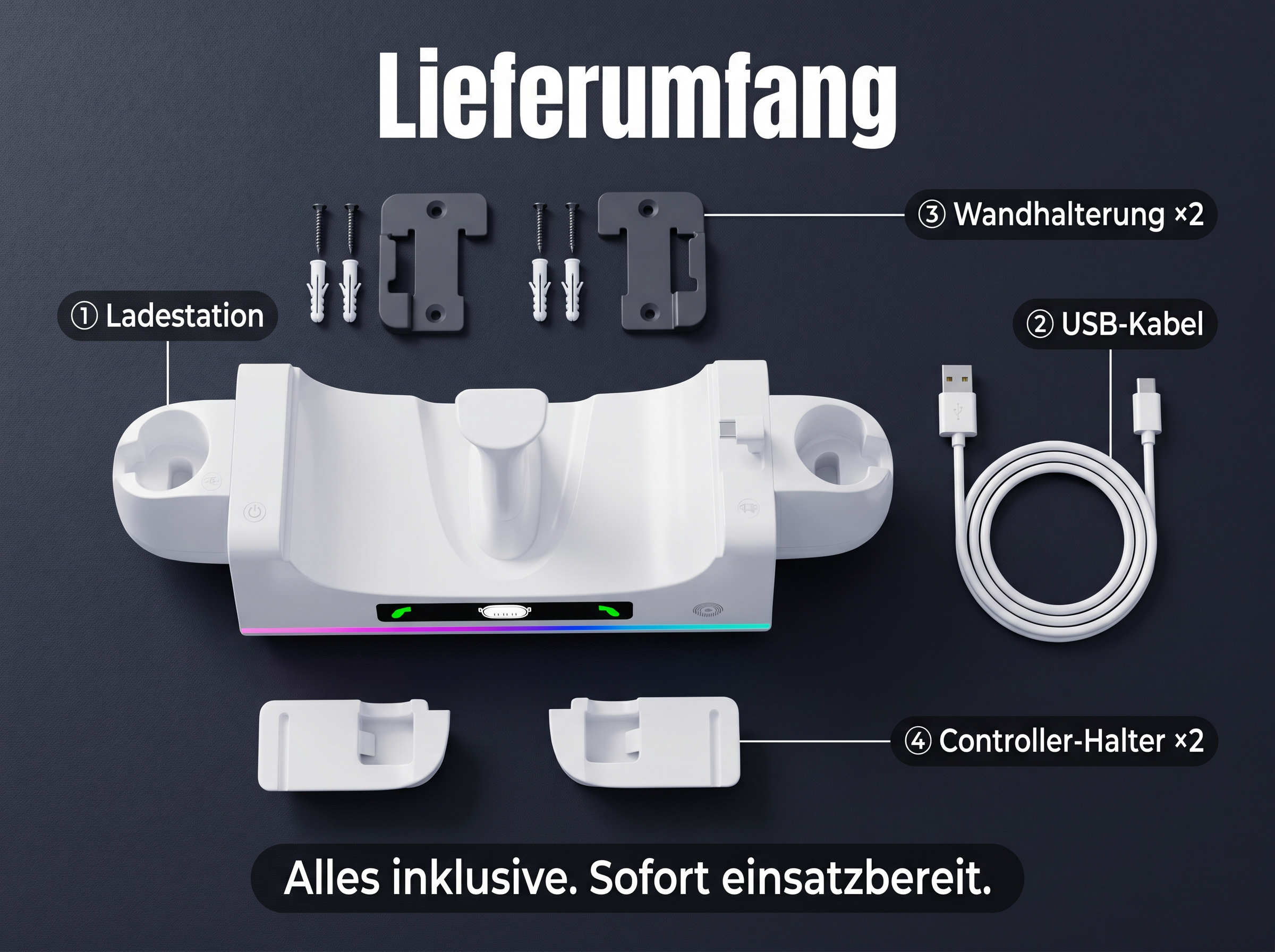 Lieferumfang: Ladestation, USB-Kabel, 2 Wandhalterungen, 2 Controllerhalter.