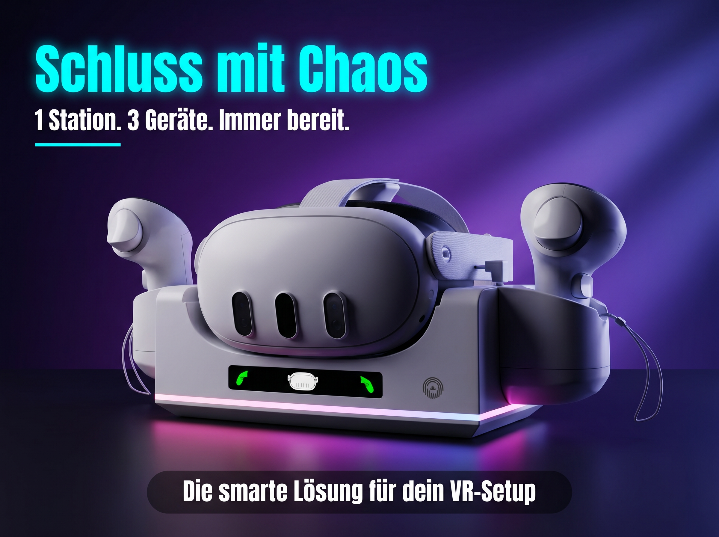 Eine weiße VR-Ladestation mit Controllern und Headset, beleuchtet mit Neonlicht.