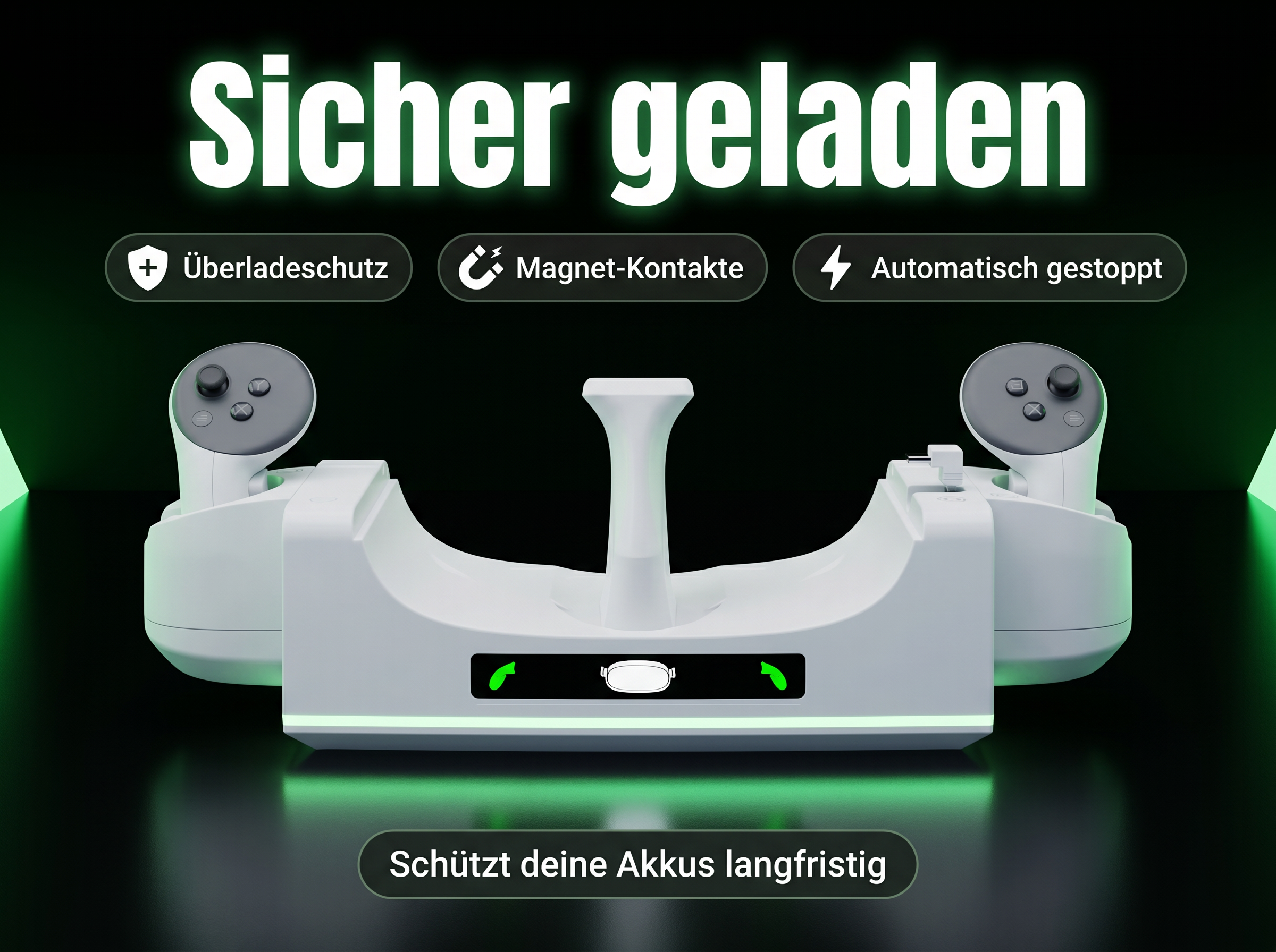 Weiße Ladestation für Controller mit grünen Ladeanzeigen.