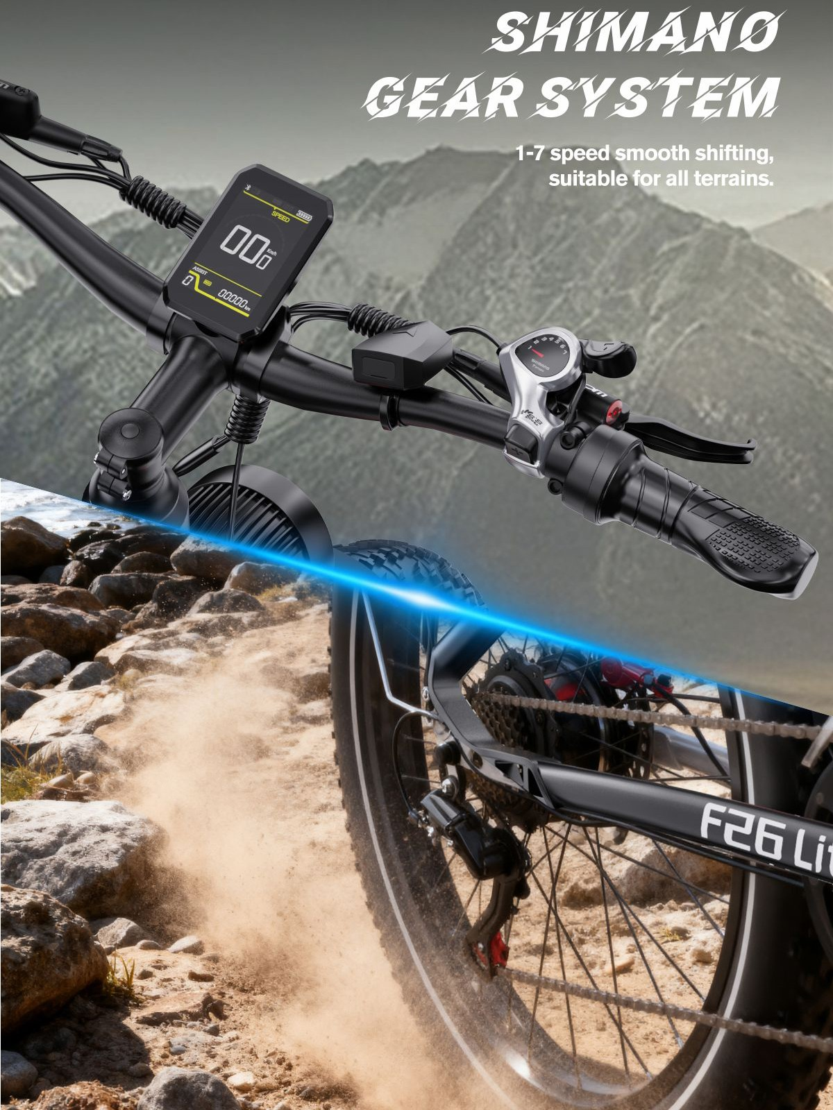 Manillar de e-bike con pantalla y sistema de marchas en terreno rocoso.