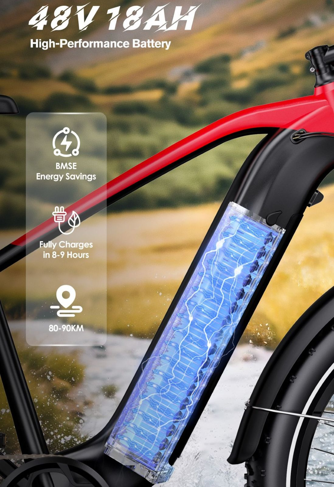 Primer plano de la batería de una bicicleta eléctrica mostrando estado de carga y autonomía.